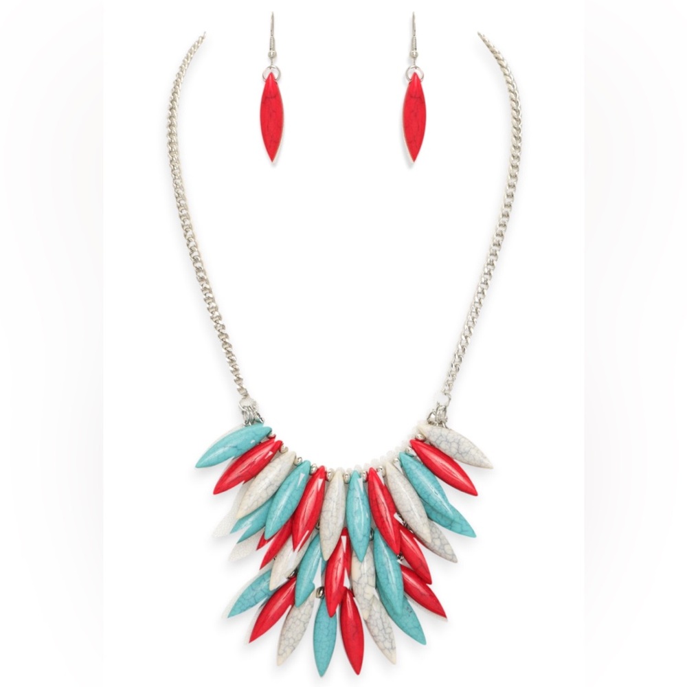Multicolor Spike Statement Necklace & Earring Set - Red, Turquoise & White